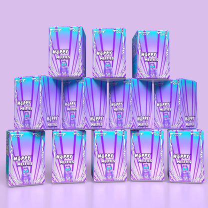 Twelve boxes of HVPPY MELTIES on a purple background