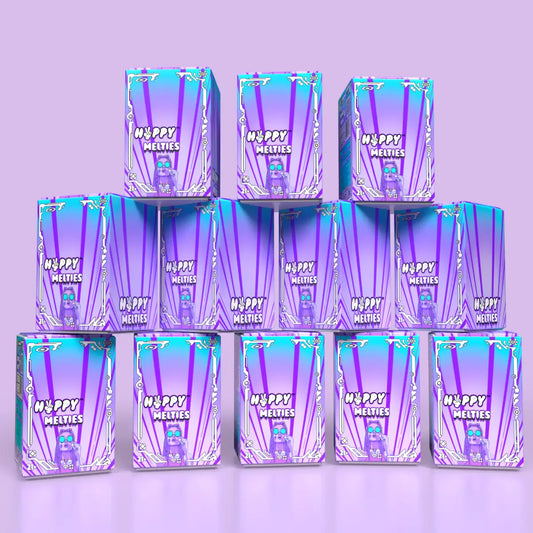 Twelve boxes of HVPPY MELTIES on a purple background