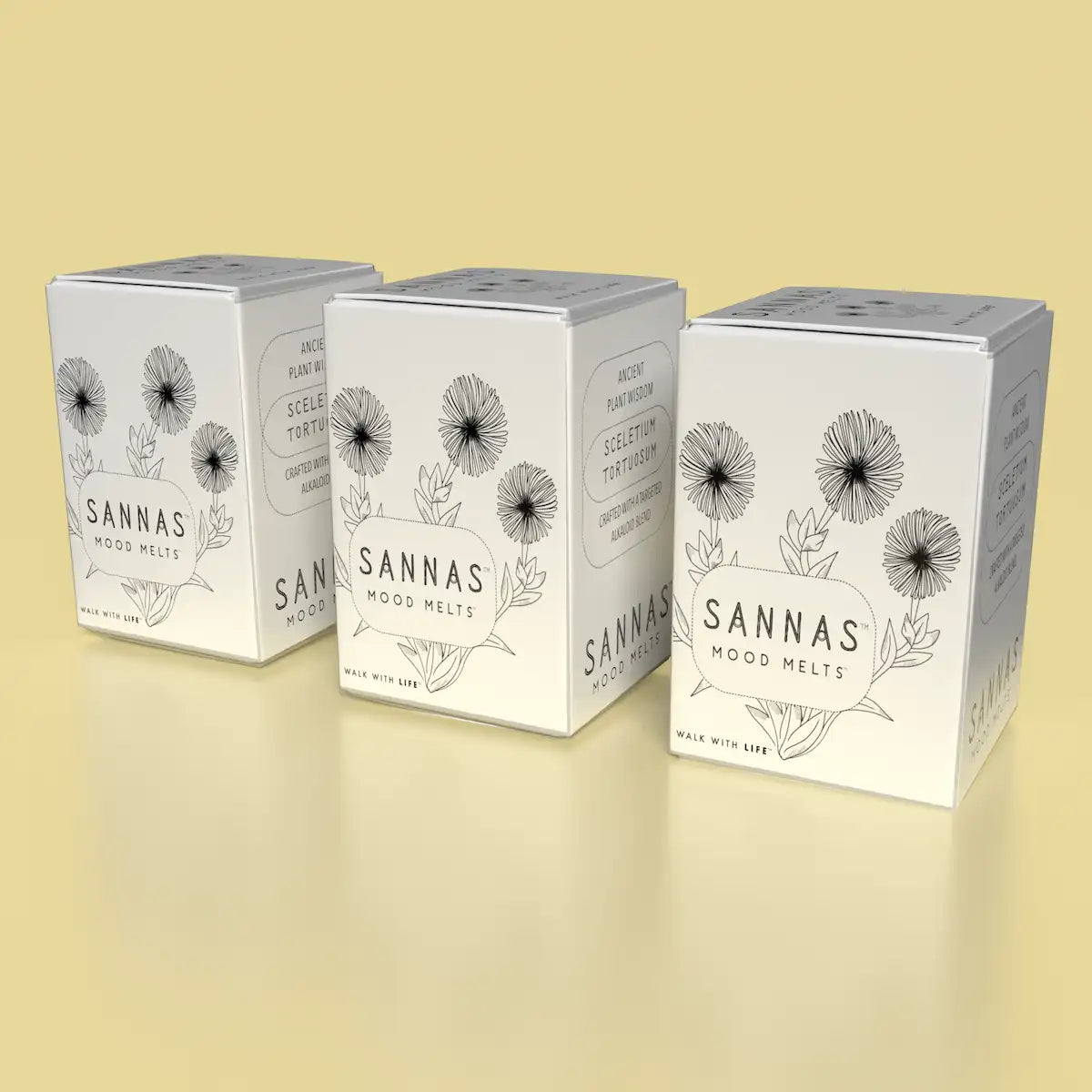 Three boxes of SANNAS Mood Melts on a beige background