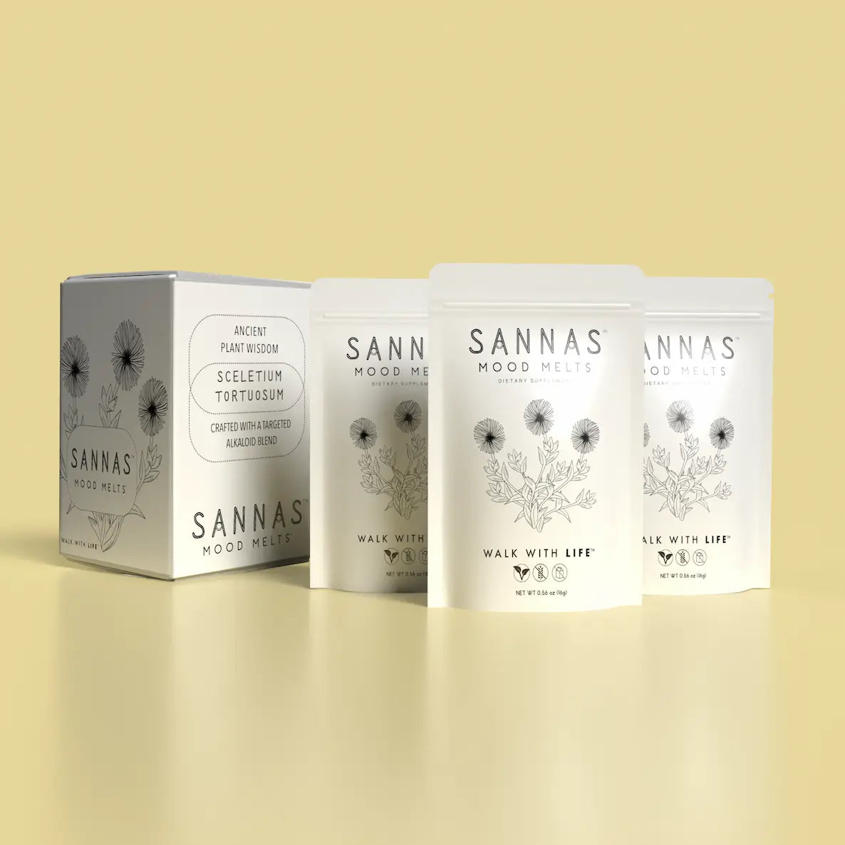 SANNAS Mood Melts individual packaging on a beige background