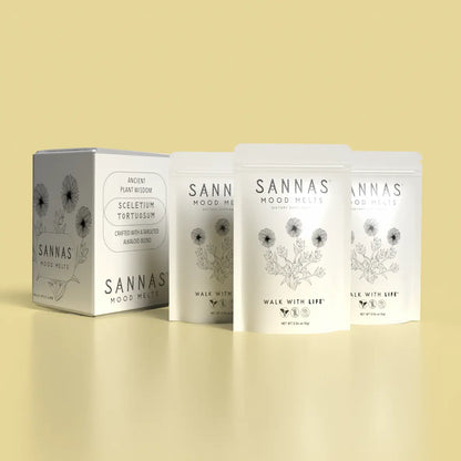 SANNAS Mood Melts individual packaging on a beige background
